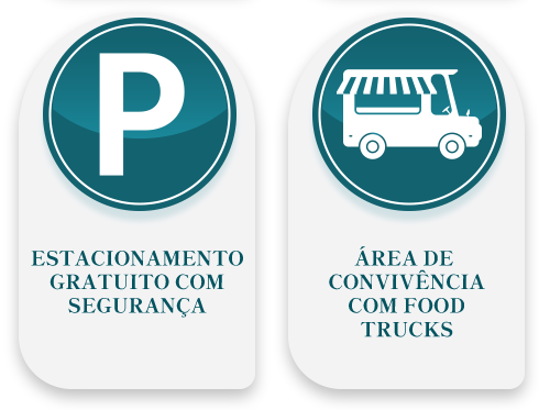 Estacionamento gratuito com segurança - Área de convivência com food trucks